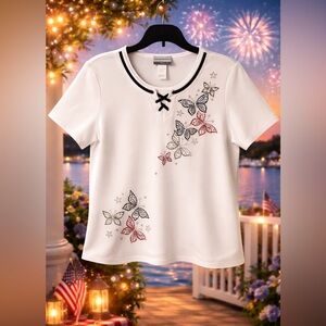 🇺🇸NWOT Alfred Dunner Americana Red Silver Blue Butterfly, Stars Patriotic Top PM